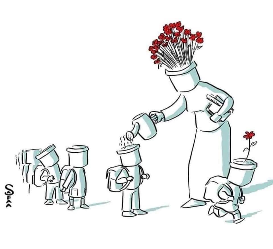 Illustration of a teacher with flowers for a head watering the empty flower pot minds of students (the beauty of teaching)